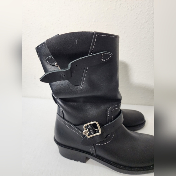 Coach Black Leather Engineer Moto Ankle Boots Buckle Straps Relaxed Slouchy 8 - Picture 8 of 12